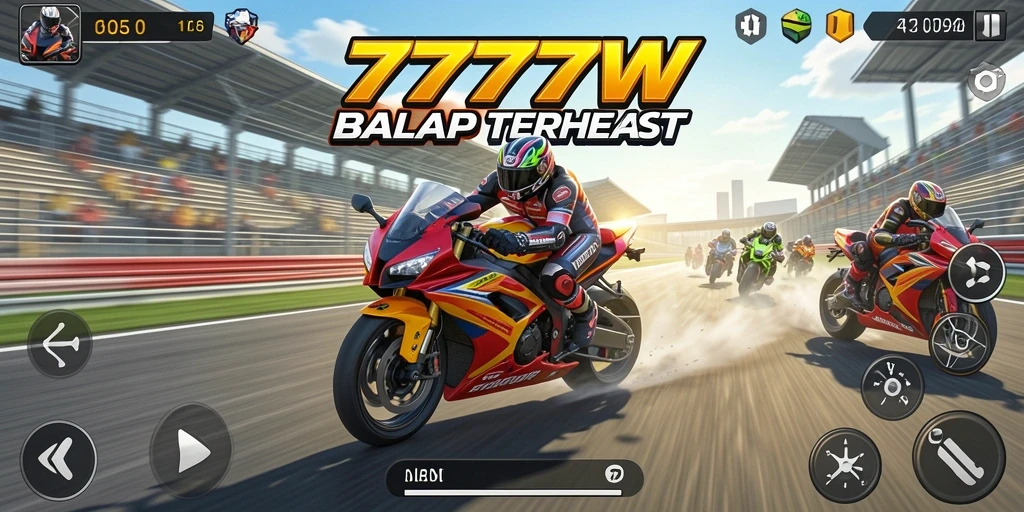Screenshot gameplay 7777W yang menampilkan adu cepat balapan motor.
