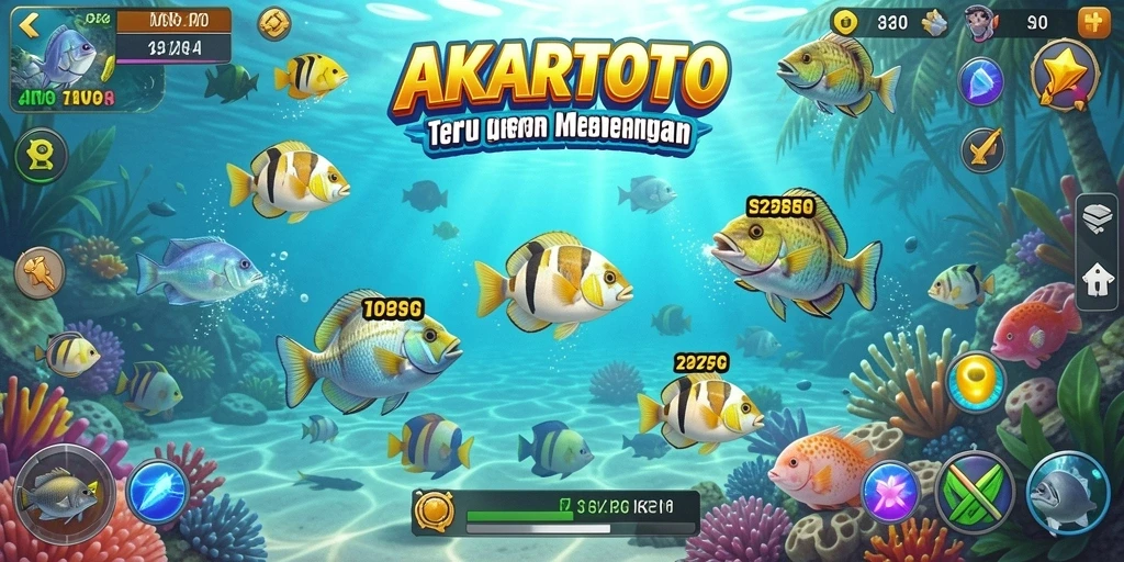 Tampilan gameplay seru AKARTOTO dengan berbagai ikan untuk ditembak.