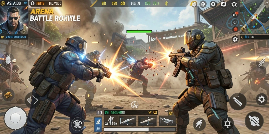 Screenshot ASIA100 menampilkan aksi pertempuran seru dalam Battle Royale.